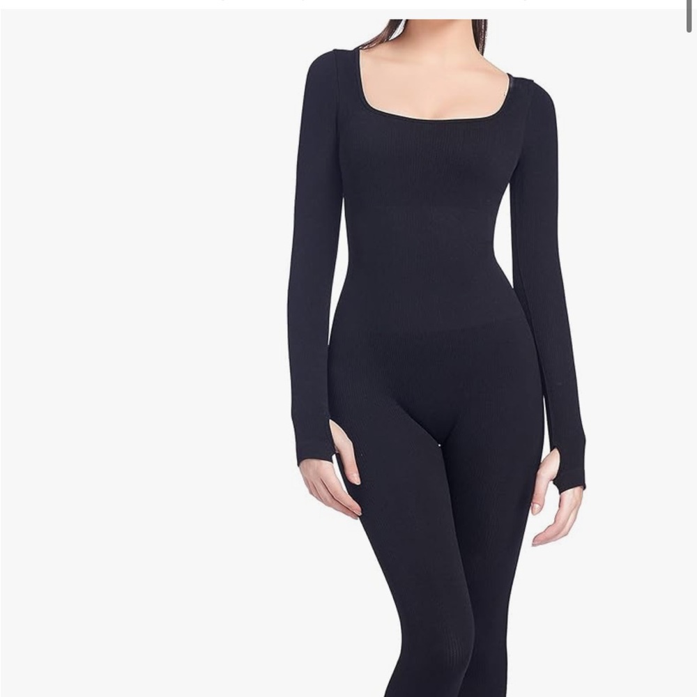 Soo slick Women Jumpsuit Square Neck Long Sleeve Ribbed Shapewear